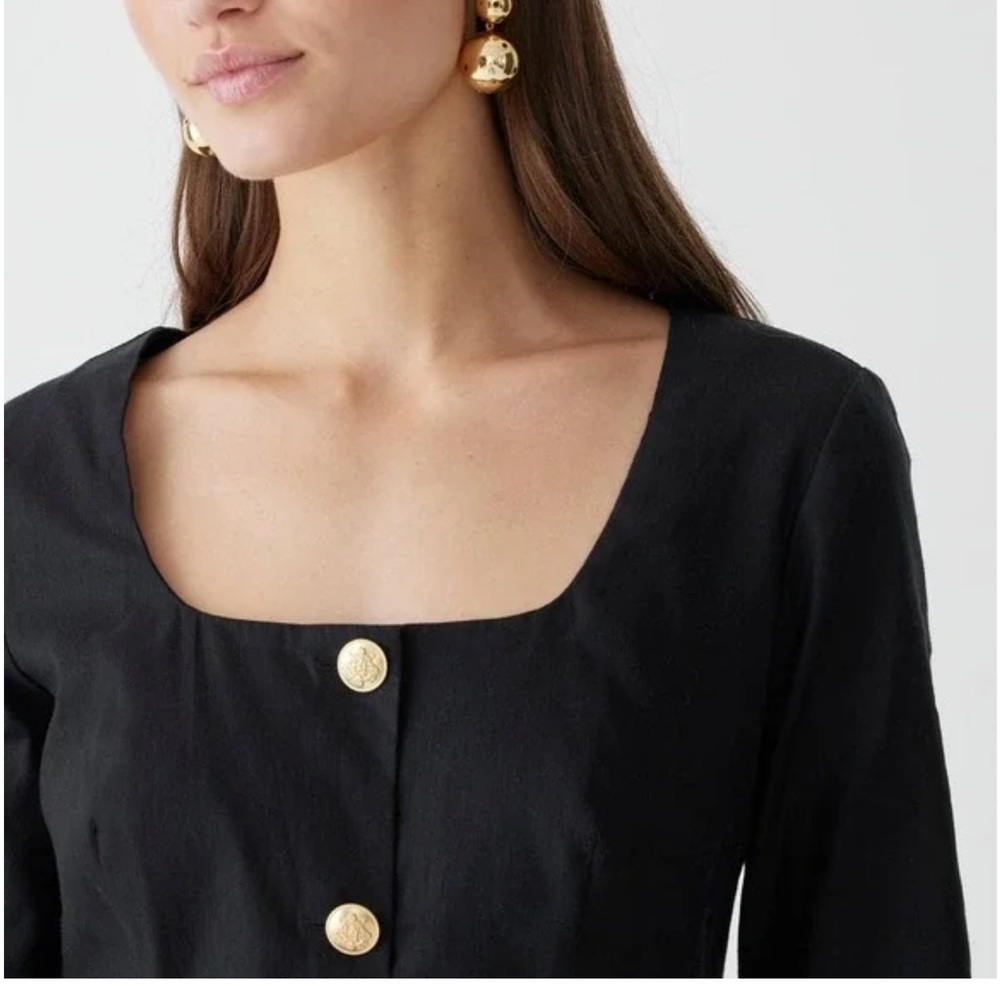 J Crew Long Sleeve Button Mini Dress Black Linen Blend Square Neck size 12 - Picture 6 of 8